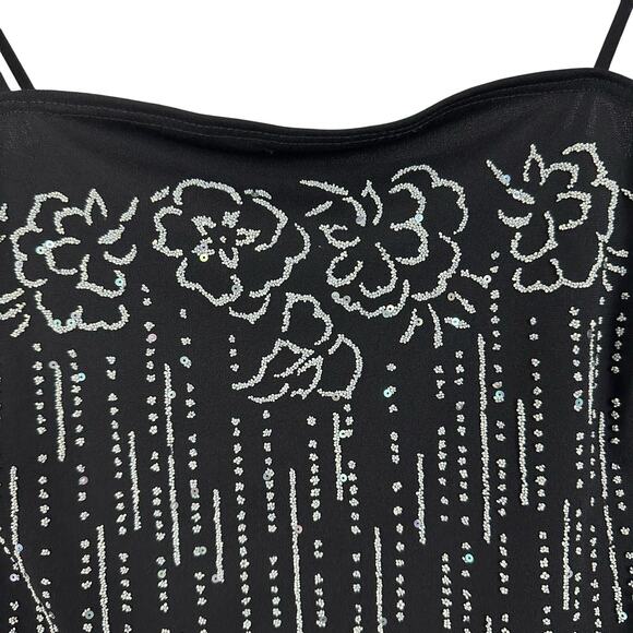 90s Vintage Taboo Sequin Embellished Black Ruffle High Low Midi Slip Dress Large - Picture 4 of 13